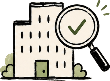 A building under a magnifying glass, with a checkmark