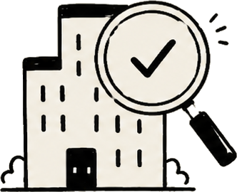 A building under a magnifying glass, representing checking the builder